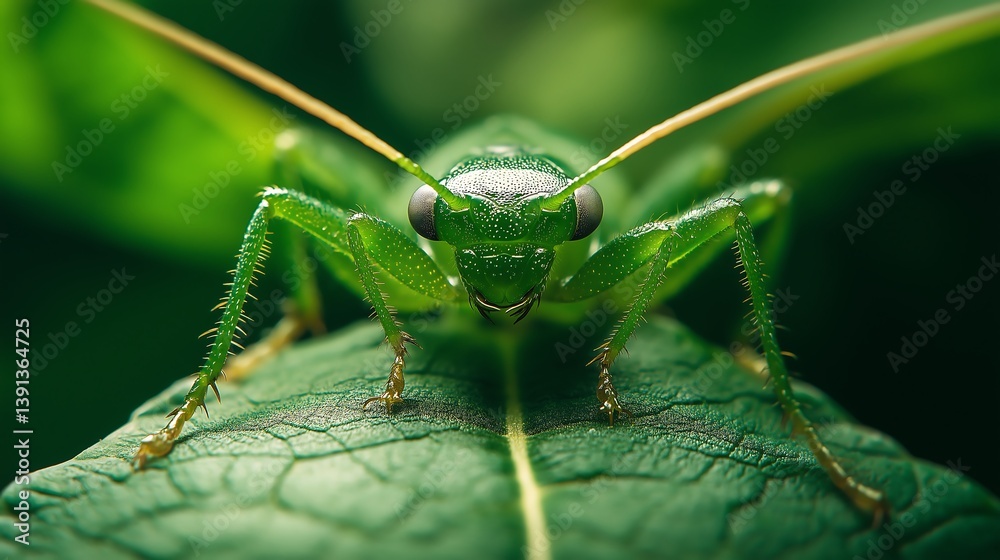 An extreme close-up of a leaf insect blending perfectly into a green leaf.