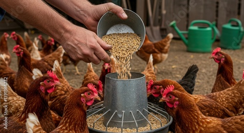 Feeding chickens grains on a farm in a rural setting.