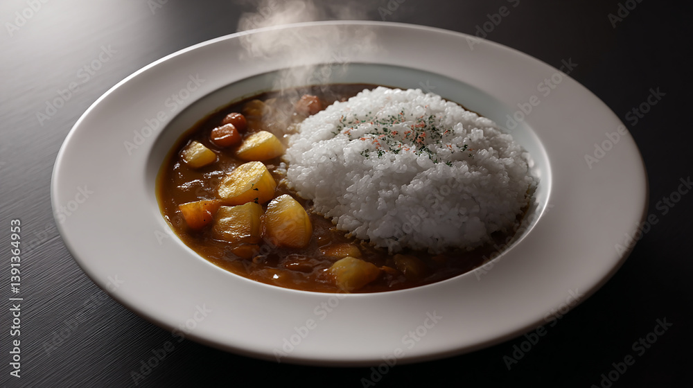 Japanese curry with rice centered in wide white plate Japanese curry with rice centered in wide white plate