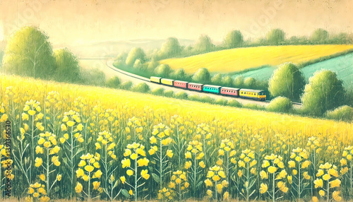 菜の花畑を走る電車のイラスト/チョーク画