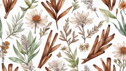 Watercolor floral pattern with cinnamon sticks and flowers on a light background for design purposes