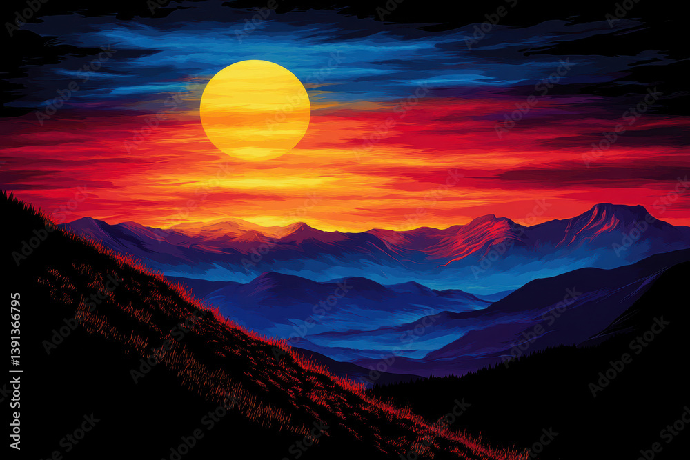 Fototapeta premium A vibrant sunset casts brilliant colors over a layered mountain landscape, showcasing rich hues of orange, red, and blue in a dramatic, artistic style.