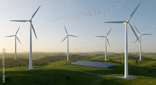 Wind turbines and solar panels on green rolling hills during sunset, symbolizing clean and renewable energy in harmony with nature.