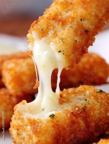 Close up of golden fried mozzarella cheese sticks with stringy melted cheese pull appetizing snack