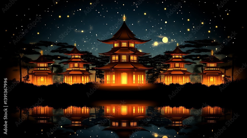 Illuminated Asian temples reflected in a tranquil lake under a starry night sky. Illuminated Asian temples reflected in a tranquil lake under a starry night sky.
