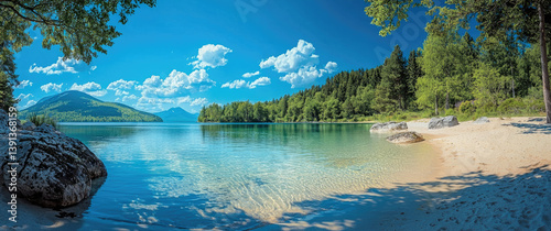 Fototapeta Naklejka Na Ścianę i Meble -  serene lake view showcases crystal clear water, sandy beach, and lush green trees under bright blue sky with fluffy clouds. This tranquil scene invites relaxation and reflection