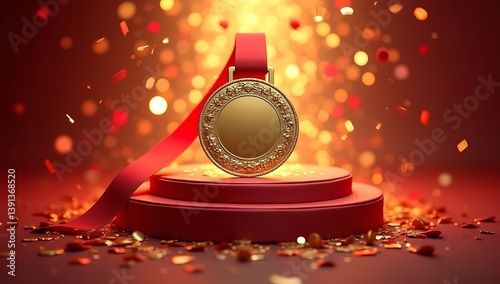 A golden medal with a red ribbon lies on a satin pedestal, surrounded by celebratory confetti and glowing spotlights, symbolizing top performance, reward, and excellence in achievement.