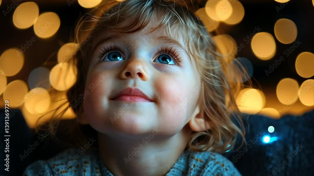 Toddler gazing upward, bokeh lights Toddler gazing upward, bokeh lights