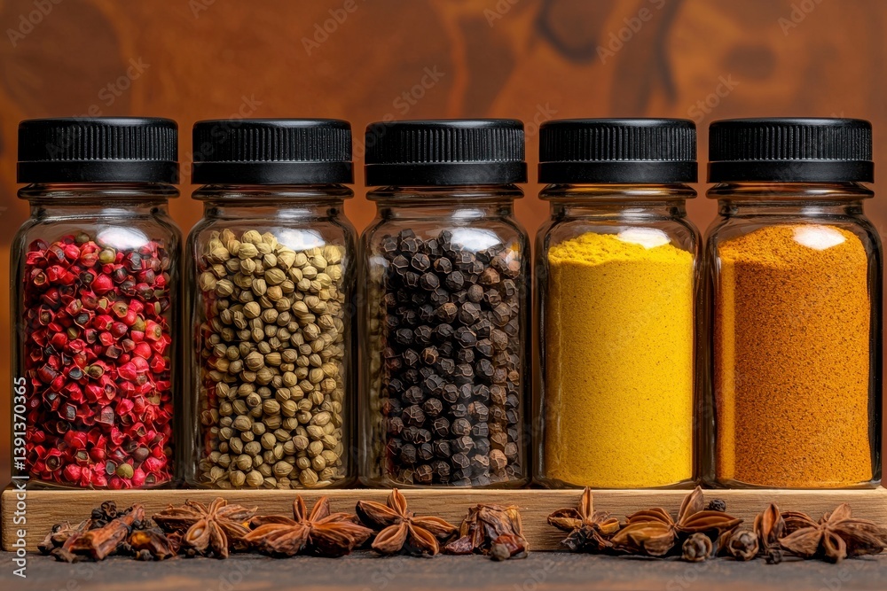 Five Colorful Spice Jars on Rustic Wooden Rack Five Colorful Spice Jars on Rustic Wooden Rack