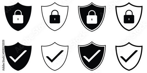 Security shield icons, security shields logotypes with check mark and padlock, Safety shield symbols,vector.