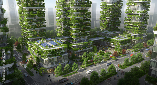 A futuristic eco-city featuring tall skyscrapers covered in lush greenery, rooftop solar panels, and vibrant urban life below on green boulevards.