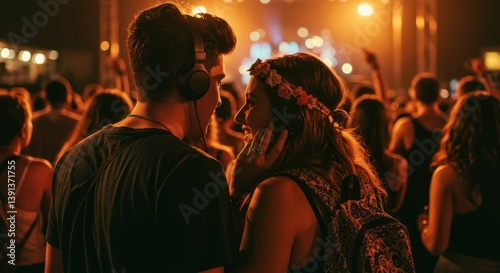 A couple enjoying a music festival under vibrant lights.