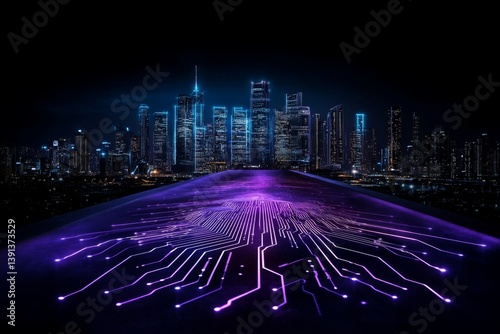 A cyberpunk city where financial transactions are controlled by AI and digital blockchain networks