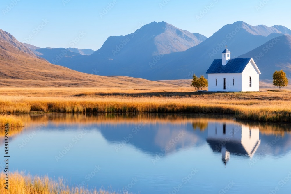 Fototapeta premium Small white church reflecting in calm lake water with mountains in background