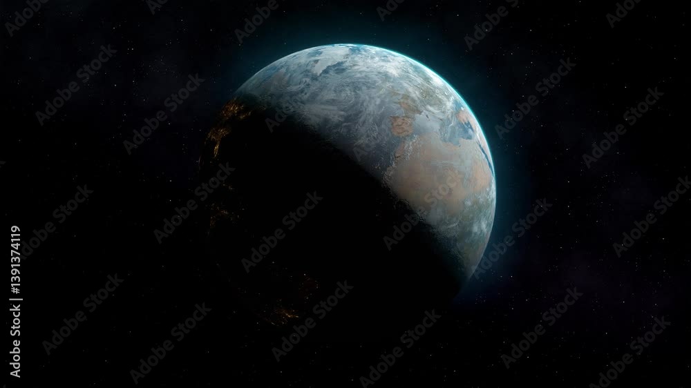 Planet Earth Realistic 3D Render Seamless Loop half illuminated night day from space rotating slowly 1 minute cycle 4K 60fps