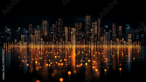 Futuristic city skyline at night, illuminated with warm lights reflecting on water.