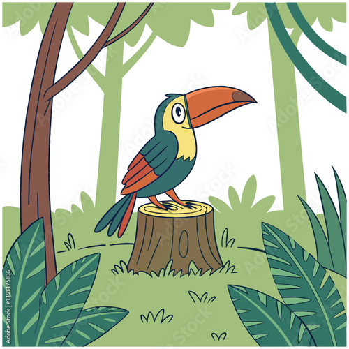 Cartoon toucan bird on tree stump in jungle