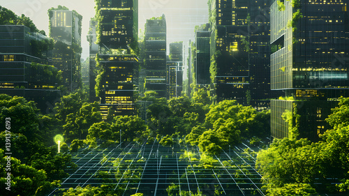 futuristic green metropolis with digital connectivity
