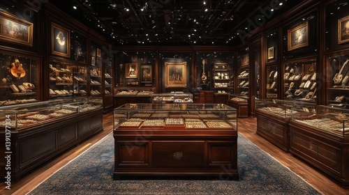Opulent antique gallery featuring meticulously displayed historical artifacts and artworks