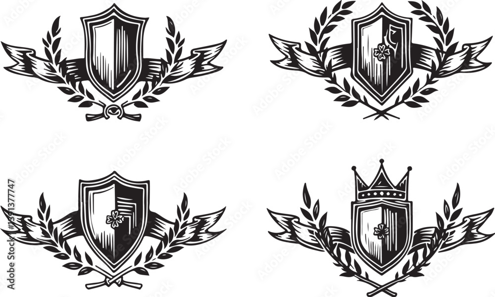 Obraz premium Heraldic Crest & Laurel Wreath SVG Bundle | Vintage Shield Emblems & Ribbon Banner Clipart | Vector Design for Logos, Certificates & Crafts