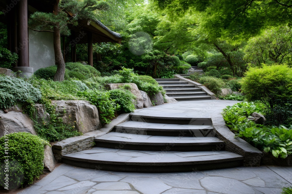 Curved stone stairs leading up through lush green garden Curved stone stairs leading up through lush green garden