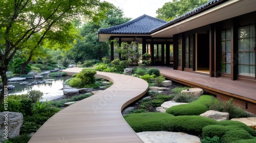 Winding wooden path leading to traditional Japanese house in peaceful garden