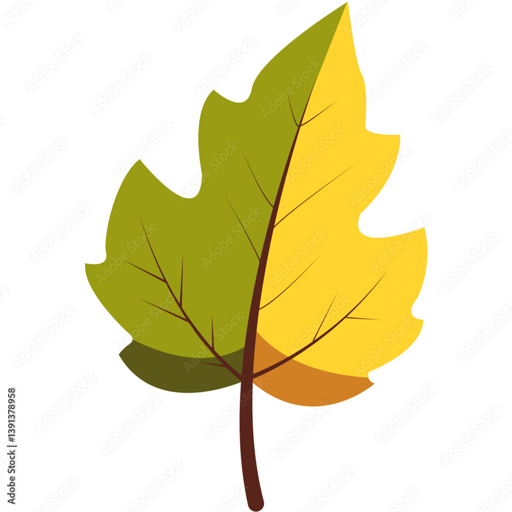 Obraz premium Flat illustration of a fall leaf in green and yellow with brown veins and stem. Perfect for autumn-themed designs, seasonal decorations, nature projects, educational materials, or botanical visuals.