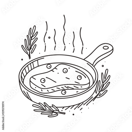 Grilled steak vector in skillet with herbs in minimal black and white line art style
