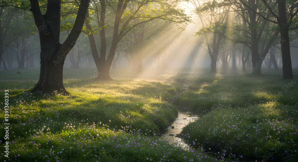 Fototapeta premium Misty Dawn: Serene Forest Landscape with Sunlit Stream