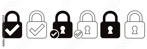 Set of  Lock icon collection. Locked and unlocked black line icon set. Flat security symbol. Vector illustration. 