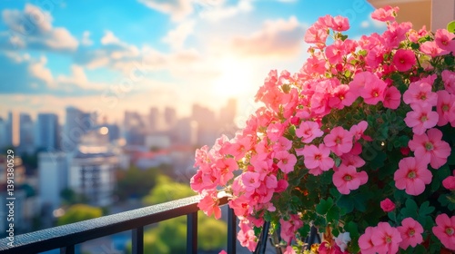 Pink flowers blooming on balcony overlooking city during sunset