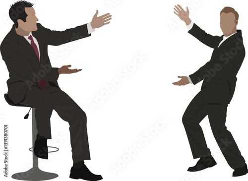 Two professional businessmen presenting something with great excitement, one is sitting on a chair and other is standing. Vector illustration.