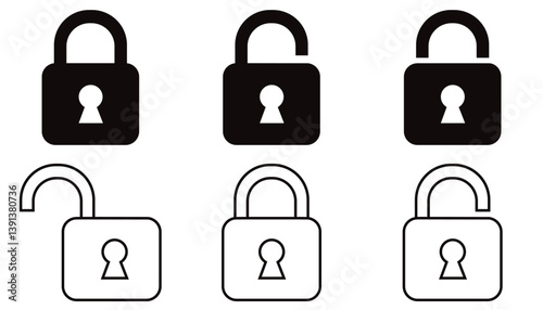 Set of  Lock icon collection. Locked and unlocked black line icon set. Flat security symbol. Vector illustration. 
