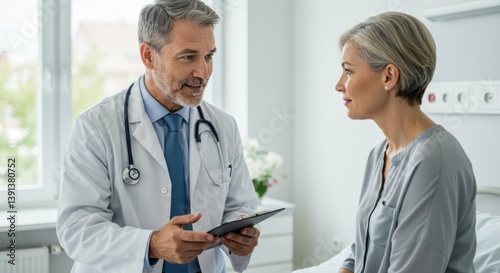 A doctor consults with a patient in a bright clinic.