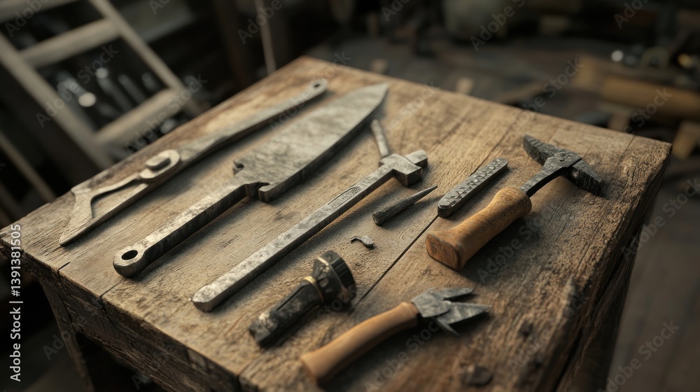 Rustic workshop tools on weathered table, cluttered background Rustic workshop tools on weathered table, cluttered background