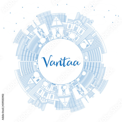 Outline Vantaa Finland city skyline with blue buildings and copy space. Vantaa cityscape with landmarks. Business travel and tourism concept with modern and historic architecture.