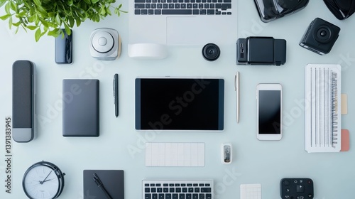 Modern workspace flatlay tech, gadgets, office supplies on pastel desk