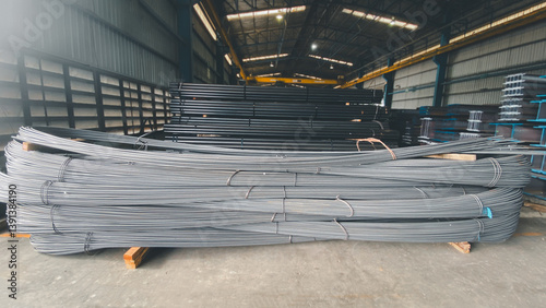 steel deformed or bars background Deformed steel bars for reinforced concrete. Close up Reinforcement steel rod and deformed bar with rebar at construction site,material Product construction Factory