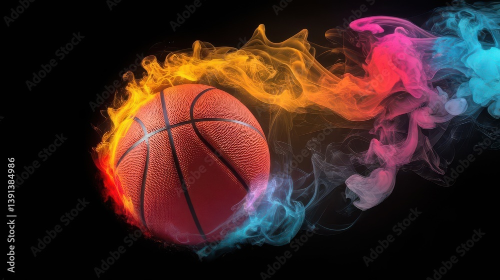 Fototapeta premium Dynamic Basketball Ball with Colorful Smoke Trails on a Dark Background