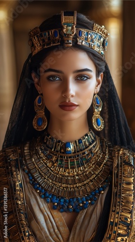 Egyptian queen reimagined in modern luxury, featuring intricate detailing on attire and a vibrant ,Egyptian aristocracy