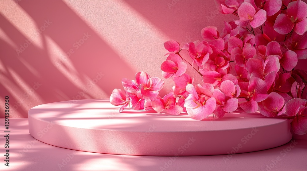Romantic Pink Floral Arrangement on Podium in Sunlit Setting for Peaceful Atmosphere Romantic Pink Floral Arrangement on Podium in Sunlit Setting for Peaceful Atmosphere