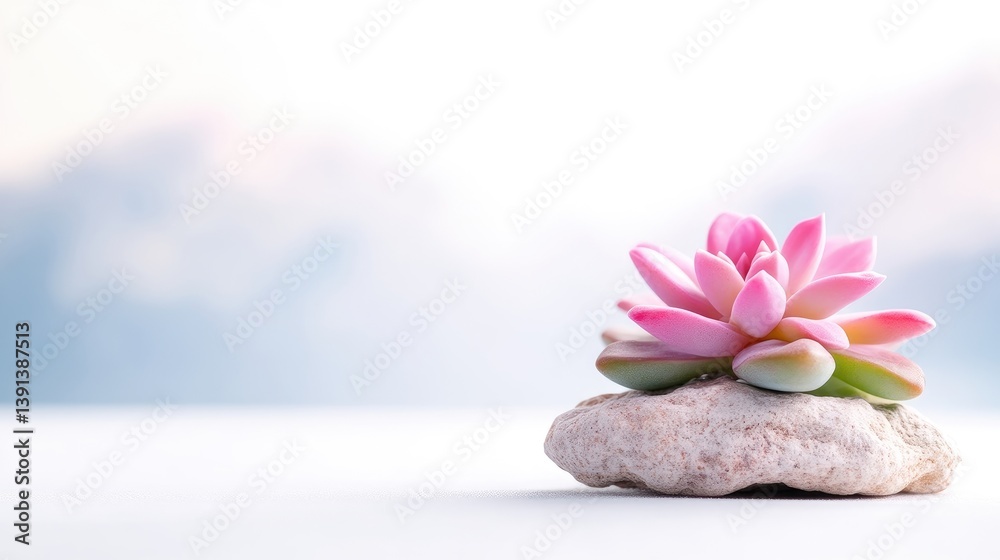 Pink Succulent on Rock Minimalist Style Soft Lighting Close-up View Delicate Texture Peaceful Serenity Soft Blue Background Calming Mood Wellness Branding Pink Succulent on Rock Minimalist Style Soft Lighting Close-up View Delicate Texture Peaceful Serenity Soft Blue Background Calming Mood Wellness Branding