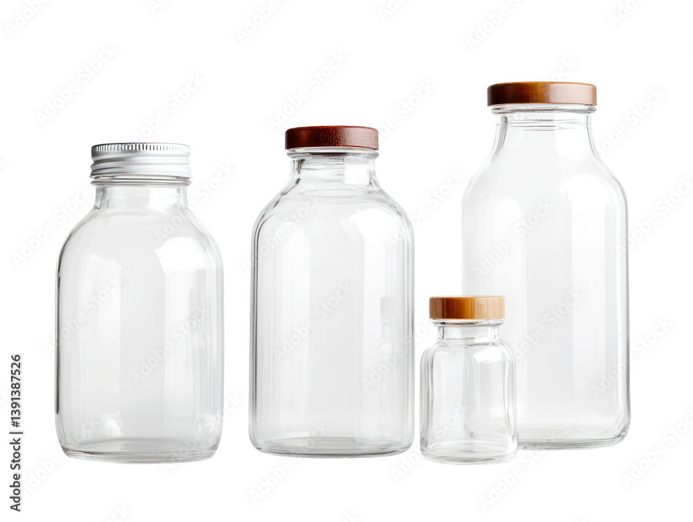 Stylish glass jar collection on cutout background home decor clear display studio setting elegant design