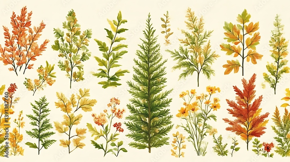 Autumnal foliage and floral botanical illustration collection. Autumnal foliage and floral botanical illustration collection.
