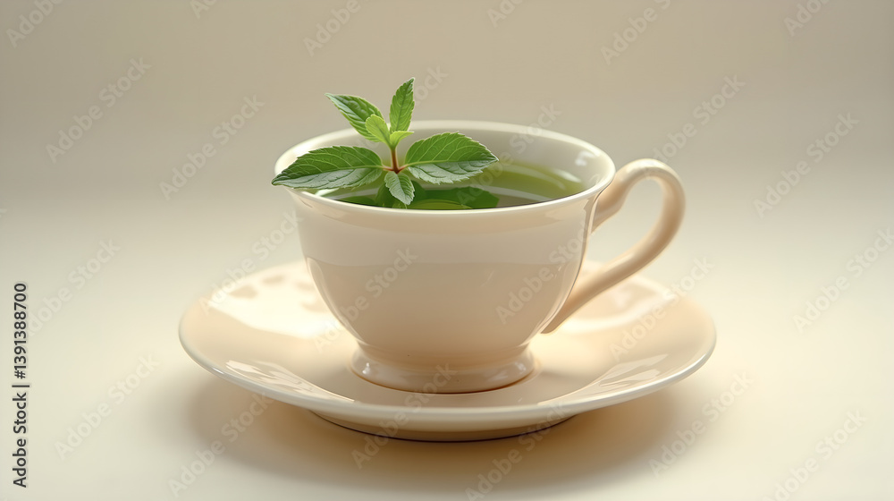 a teacup filled with green tea and mint, styled in in pale ivory a teacup filled with green tea and mint, styled in in pale ivory