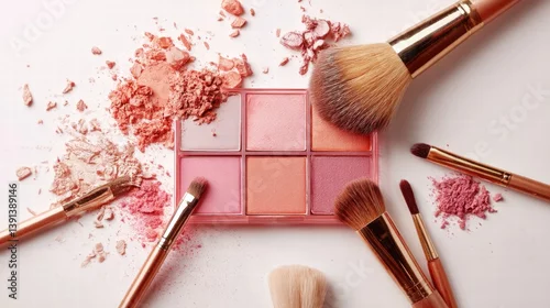 Obraz Professional Makeup Cheek blush pink tone palette and makeup brushes and tools,makeup eyeshadow palette in pink,red cherry shades,makeup set,Cosmetic products,sweet and cute tone eye shadows.