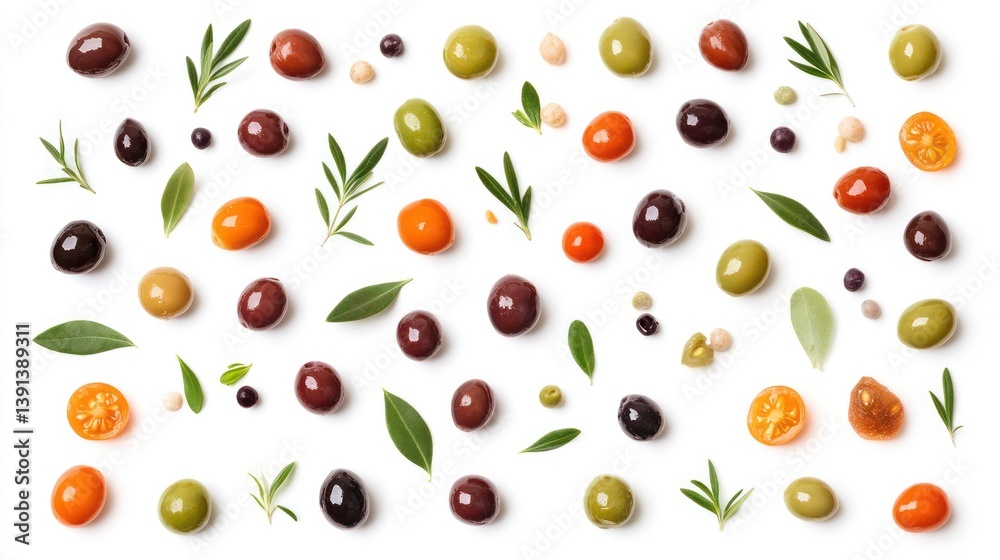 Colorful olives, herbs, tomatoes, white background, food flatlay, recipe design Colorful olives, herbs, tomatoes, white background, food flatlay, recipe design
