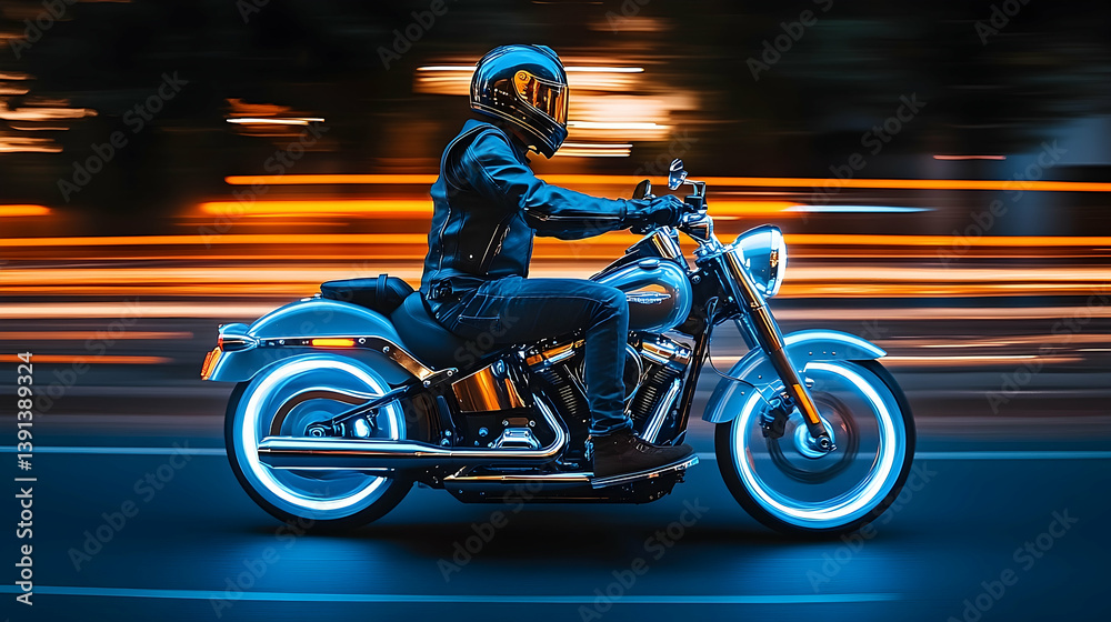 Fototapeta premium A Person Riding a Motorcycle Through a Cityscape at Night