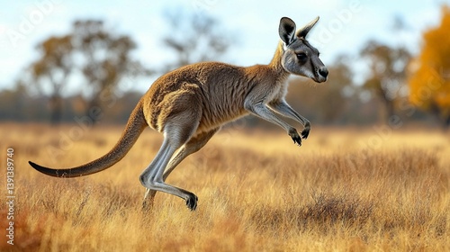 Single kangaroo mid-hop in the wild, set against Australian Outback background. Suitable for marketing or business purposes