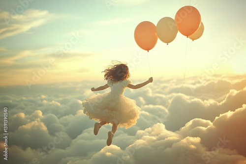 A young girl floating in the sky with orange balloons